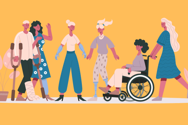 Cartoon image of people supporting disabled women