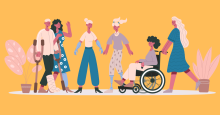 Cartoon image of people supporting disabled women